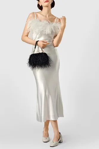 Vista 5 de BABEYOND Bolso de mano de plumas de avestruz para mujer, bolso de noche con perlas, bolso de hombro para fiesta de los años 20, baile de graduación