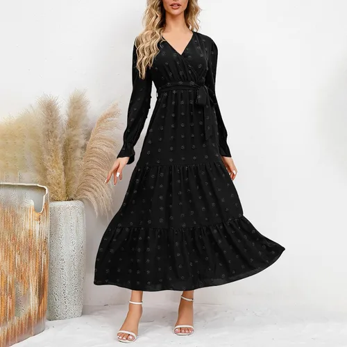 Vista 2 de Vifucz Vestido bohemio para mujer, de jacquard, con puños fruncidos, vestido largo casual de cintura alta, ajustado, vestido de fiesta fluido