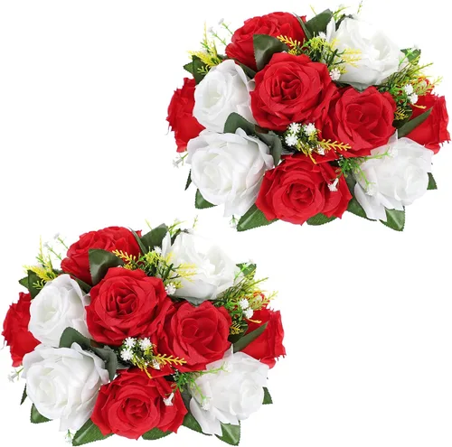 Vista 15 de Briful Bolas de flores artificiales para centros de mesa, 2 piezas de 8.6 pulgadas, arreglo floral de rosas de seda con base de plástico, ramo Azul