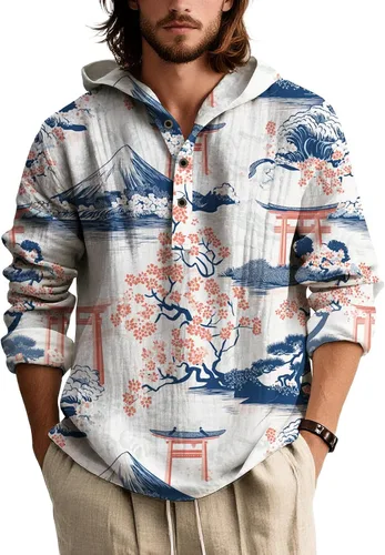 Vista 12 de Sudadera con capucha para hombre, de gran tamaño, elegante, vintage, con botones, casual, de manga larga, sudadera con capucha