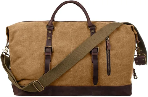 Vista 13 de S-ZONE - Bolsa de viaje de lona sobredimensionada con adornos de cuero genuino, bolsa deportiva de hombro de fin de semana, bolso de fin de semana