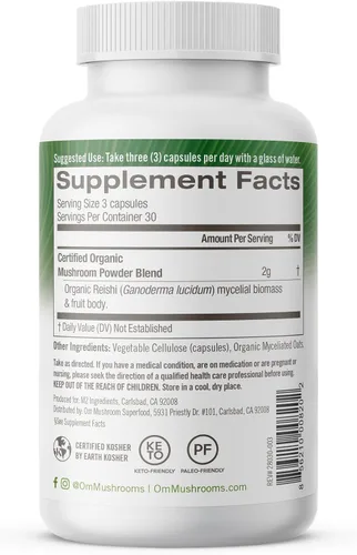 Vista 9 de Om Mushroom Superfood Reishi - Suplemento superalimenticio de cápsulas de hongos, 90 unidades, 30 días, adapttógeno, apoyo al estrés y al sistema