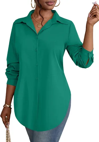 Vista 33 de Rooscier Blusa larga con cuello en V para mujer, manga larga, abertura lateral, con botones