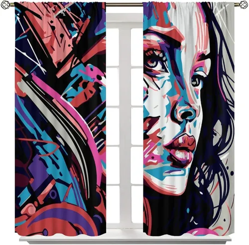 Vista 8 de Cortinas de pared de ladrillo, arte pop de grafiti, hermosas cortinas con estampado de chicas americanas para adolescentes, dormitorio, sala