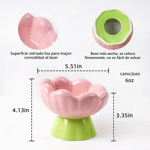 Vista 3 de DIF DECO - Cuenco elevado de cerámica para gatos, cuencos elevados de comida rosa para alimentos y agua, protege la columna vertebral y los bigotes