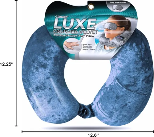 Vista 6 de Cloudz Luxe Crushed Velvet Ultra Premium Comforlite Almohada de cuello de viaje en avión con máscara de dormir lujosamente suave a juego, azul acero