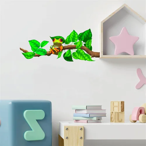 Vista 2 de Calcomanía de pared con diseño de rana de árbol de ojos rojos en rama, para guardería, animales, extraíble, despegar y pegar, impermeable