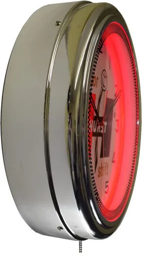 Vista 3 de Hurst Floor Shift - Reloj de pared con luz de neón nostálgico para decoración de garaje (16 pulgadas, rojo)