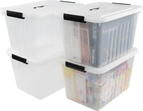 Vista 11 de Contenedor de almacenamiento transparente de 12 cuartos de galón, caja organizadora de plástico con tapa y asas negras, paquete de 6
