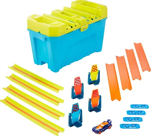 Vista 5 de Hot Wheels Juego de construcción de pistas de juguete para coche, caja de velocidad de varios carriles, 18 piezas de componentes con almacenamiento