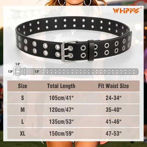 Vista 6 de WHIPPY Double Grommet Belt for Women Men PU Leather Double Prong Buckle Vintage Punk Rock Jeans Belts with Chain A-Negro