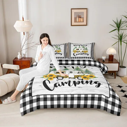 Vista 19 de Juego de ropa de cama con temática de cámper, juego de edredón de cabaña de madera marrón y verde, tamaño matrimonial, 3 piezas, decoración de Multi