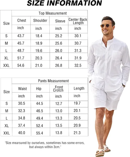 Vista 6 de COOFANDY Conjuntos de lino para hombre, 2 piezas, camisa de manga larga y pantalones cortos casuales con cordón en la cintura, trajes de verano
