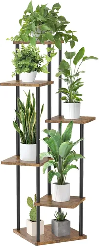 Vista 9 de Oppro Soporte para plantas de 3 niveles para interiores, soporte de esquina de metal de madera escalonada, soporte para macetas, estante de madera
