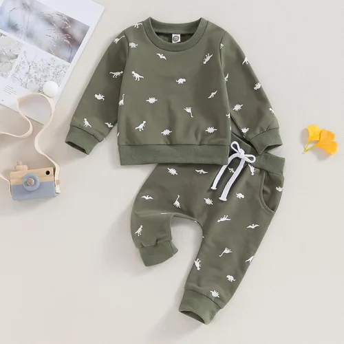 Vista 2 de Thorn Tree Conjunto de ropa de dinosaurio para niños pequeños, sudadera de cuello redondo, suéter de manga larga, pantalones de bolsillo sólido