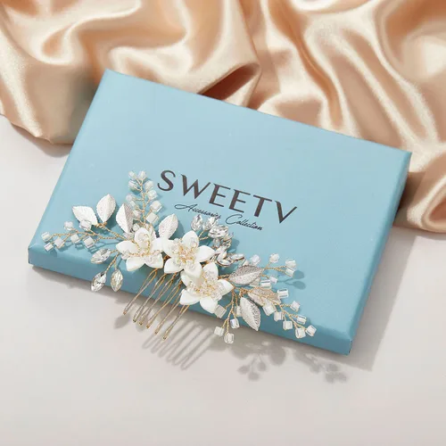 Vista 7 de SweeTV Peineta con clip deslizante para cabello de novia, accesorio de cristal para boda para novias y damas de honor, dorado