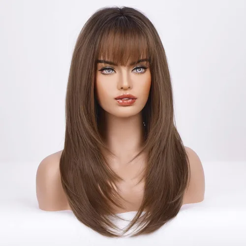 Vista 4 de HAIRCUBE Peluca sintética marrón oscuro para mujer, pelucas en capas con flequillo de longitud media recta y resistente al calor Marrón oscuro2
