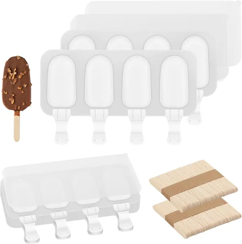 Vista 10 de Juego de 3 moldes de paletas de color violeta Samll con tapas y 100 palitos de madera para paletas de madera, 4 cavidades de silicona para hacer