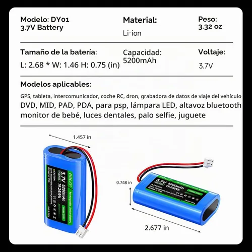Vista 9 de Batería de iones de litio de 5200 mAh 3.7 V con enchufe JST-PH JST 2.54/2P (no JST-PH 2.0 2 pines), batería recargable de litio de 3.7 voltios