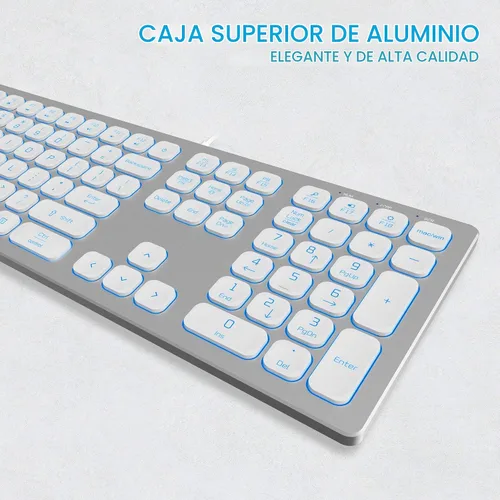 Vista 2 de POWZAN Teclado de Aluminio Silencioso con Cable Retroiluminado - Tecla Chiclet Delgada Compatible con Apple iMac, MacBook, Mac y PC, Teclado USB