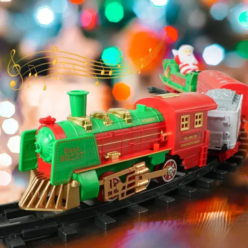 Vista 2 de Juego de Tren de Navidad Colgante - VATOS Juguete de Tren de Navidad 2 en 1 con Luz y Sonido para Niños, Juego de Juguete de Tren Alrededor y Debajo