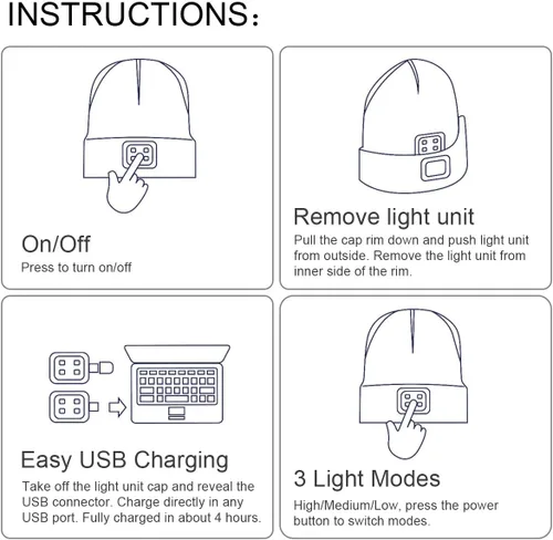 Vista 5 de Gorro LED para Niños, Unisex Gorro con Linterna Frontal Recargable de Invierno con Luz Nocturna, Regalos para Niños y Niñas Naranja