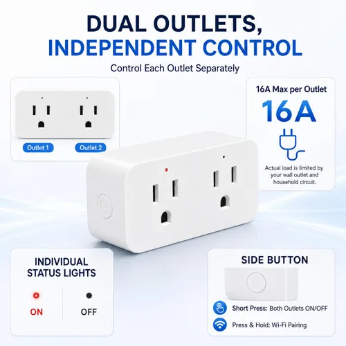 Vista 2 de QIACHIP Enchufe inteligente con temporizador de 16A/2000 W con 2 enchufes de control independiente, control remoto de la aplicación Ewelink, enchufe