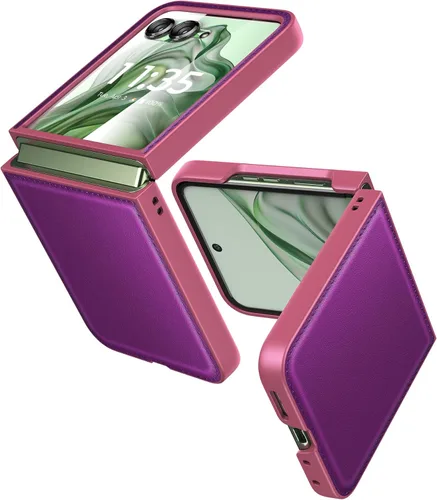 Vista 17 de Funda delgada de piel sintética para Motorola Razr Plus 2023, [cubierta frontal transparente + parte trasera de cuero duro de policarbonato] Marrón