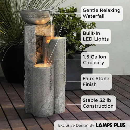 Vista 3 de Cuenco y columnas de mármol sintético, 34 1/2" de alto, fuente para interiores y exteriores Zen Decor - Característica de agua escalonada