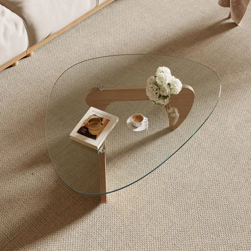 Vista 4 de Mesa auxiliar moderna para sala de estar y espacios pequeños, 35.6 x 25.4 x 15.8 pulgadas, mesa triangular de vidrio templado y base de madera