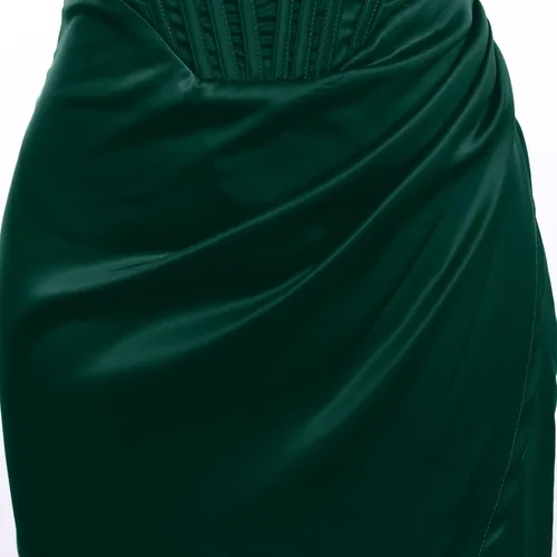 Vista 6 de Vestido de satén con hombros descubiertos para mujer, sin tirantes, espalda descubierta, abertura alta, entallado, fruncido, vestido de fiesta