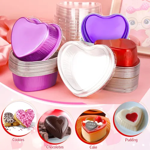 Vista 3 de 40 paquetes de moldes de aluminio en forma de corazón con tapas para hornear 3.4 onzas/3.4 fl oz para cupcakes para hornear para fiestas de boda