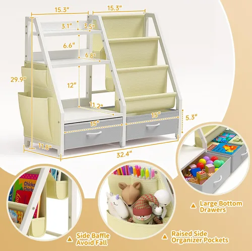 Vista 2 de Estantería para niños y organizador de juguetes Twinkoo, estante resistente de 3 niveles, estantería con bandeja y 2 contenedores de juguetes
