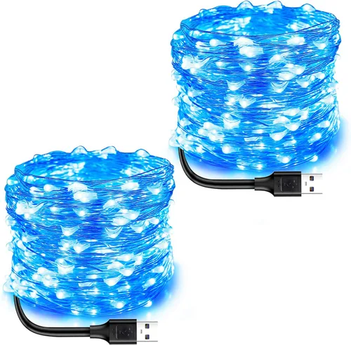 Vista 11 de Blingstar Luces de hadas alimentadas por USB, paquete de 2 unidades de 100 LED de 33 pies, cable plateado flexible, mini cadena de luces para el día