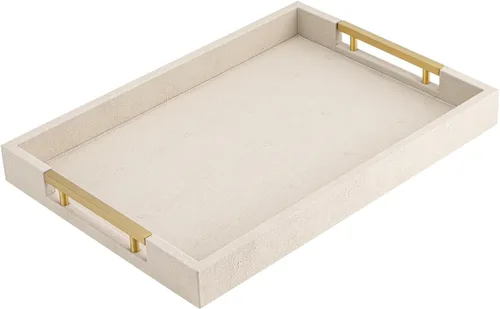 Vista 5 de Bandeja de servicio de piel sintética beige con asas, bandeja decorativa grande para mesa de café, otomana, sala de estar, baño, decoración del hogar