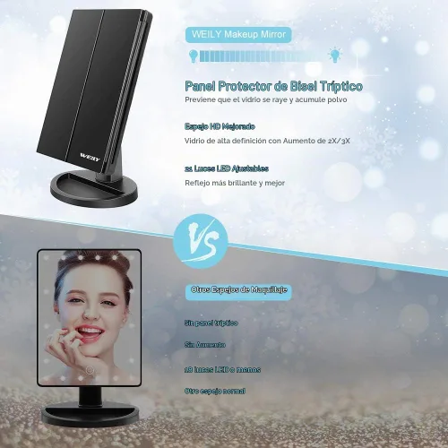 Vista 7 de WEILY Espejo de maquillaje con 21 luces LED, dos modos de fuente de alimentación, pantalla táctil ajustable y espejo de tocador de tres pliegues