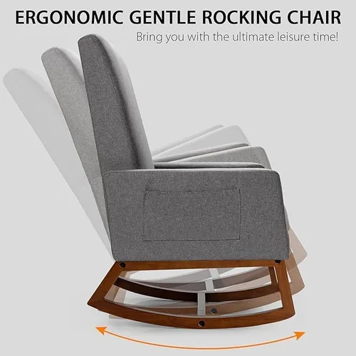 Vista 6 de MEDIMALL Cómoda mecedora, sillón moderno de tela con base de madera, bolsillo lateral, asiento acolchado de lino, adecuado para sala de estar