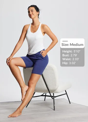 Vista 5 de BALEAF Bermudas de 8 pulgadas para mujer, pantalones cortos deportivos largos de algodón, con control de abdomen, estilo casual, para descansar