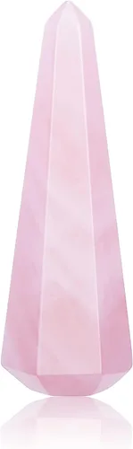 Vista 5 de Jovivi Soporte para anillo de cristal de cuarzo rosa natural con forma de prisma hexagonal decorativo en forma de anillo de boda