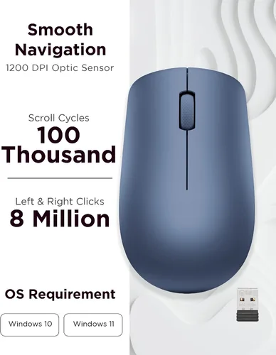 Vista 3 de Ratón inalámbrico Lenovo 530 con batería, Nano USB de 2.4GHz, sensor óptico de 1200 DPI, ergonómico para mano izquierda o derecha, ligero Azul