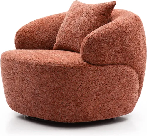 Vista 8 de Silla giratoria naranja con forma de barril, moderno círculo redondo individual con almohada para sala de estar, dormitorio, espacio pequeño, tela