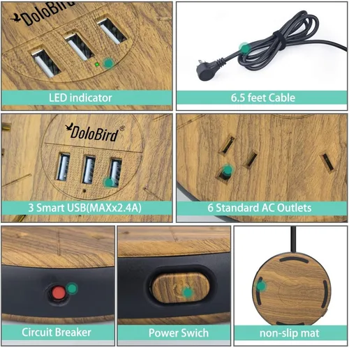 Vista 7 de Regleta protectora contra sobretensiones, 6 salidas de CA con 3 puertos USB, estación de carga, cable de extensión largo, enchufe plano de ángulo
