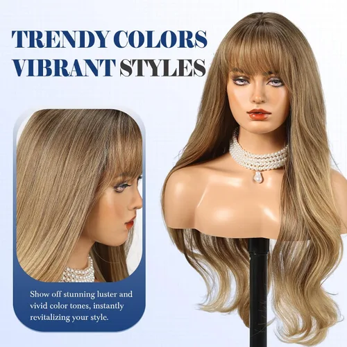 Vista 4 de HAIRCUBE Peluca larga rubia mezclada con marrón con flequillo, pelucas rizadas en capas para mujeres, pelucas sintéticas naturales para uso diario