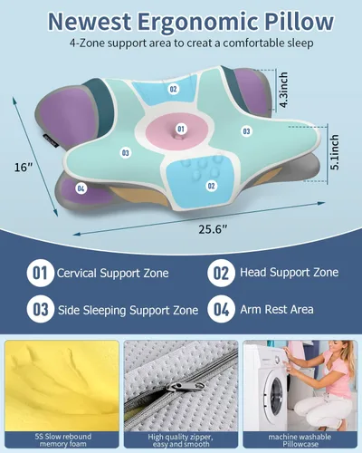 Vista 2 de Almohada cervical para aliviar el dolor de cuello, almohada cervical ergonómica para dormir, almohadas de espuma viscoelástica con funda de almohada