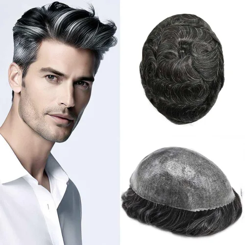 Vista 25 de Toupee para hombre 100% cabello humano real tupé para hombres 0.004 in piel de poliuretano para hombre, sistema de reemplazo de piezas de pelo