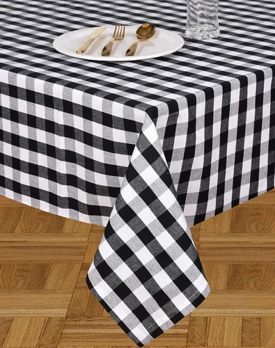 Vista 2 de Urban Villa - Mantel de mesa 100 % algodón, para uso diario, cenas familiares o fiestas en interiores o exteriores, a cuadros, color negro/blanco