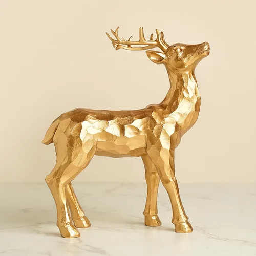 Vista 9 de Adornos de ciervo simulados para decoración navideña, 2 piezas de adornos de ciervo geométricos facetados de resina, decoración para el hogar, Dorado