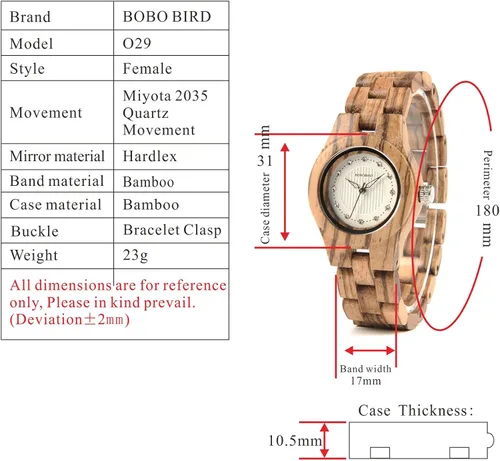 Vista 8 de BOBO Bird Reloj de madera de bambú para mujer, gemas de imitación de diamante, caballero, relojes de madera de cuarzo con caja de regalo