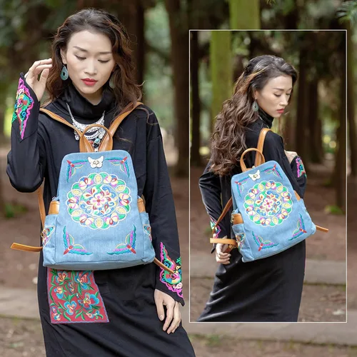Vista 7 de Jursccu Mochilas de lona floral bordadas de mezclilla para mujer, antirrobo, retro, estilo étnico, bolsa de hombro, Jean Azul Claro, MochilaBolso