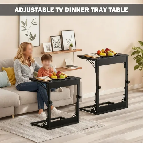 Vista 2 de Mesa plegable para TV, mesa de cena de TV, bandejas de TV de altura ajustable para comer en el sofá, mesa auxiliar en forma de C con ranuras